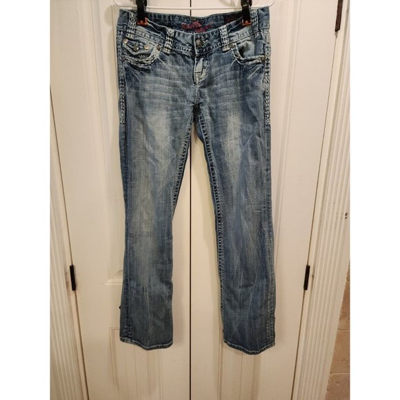 WOMEN'S JUNIORS 28X34 LIGHT WASH BOOT CUT STUDDED LOW RISE JEANS COWGIRL - Picture 2 of 10